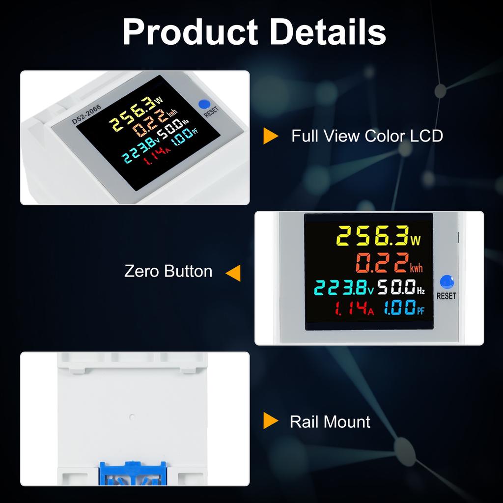 6 in 1 Digital Single Phase Energy Meter Tester Din Rail AC Monitor Voltage Current Power Factor Active KWH 100A Electricity Usage Monitor
