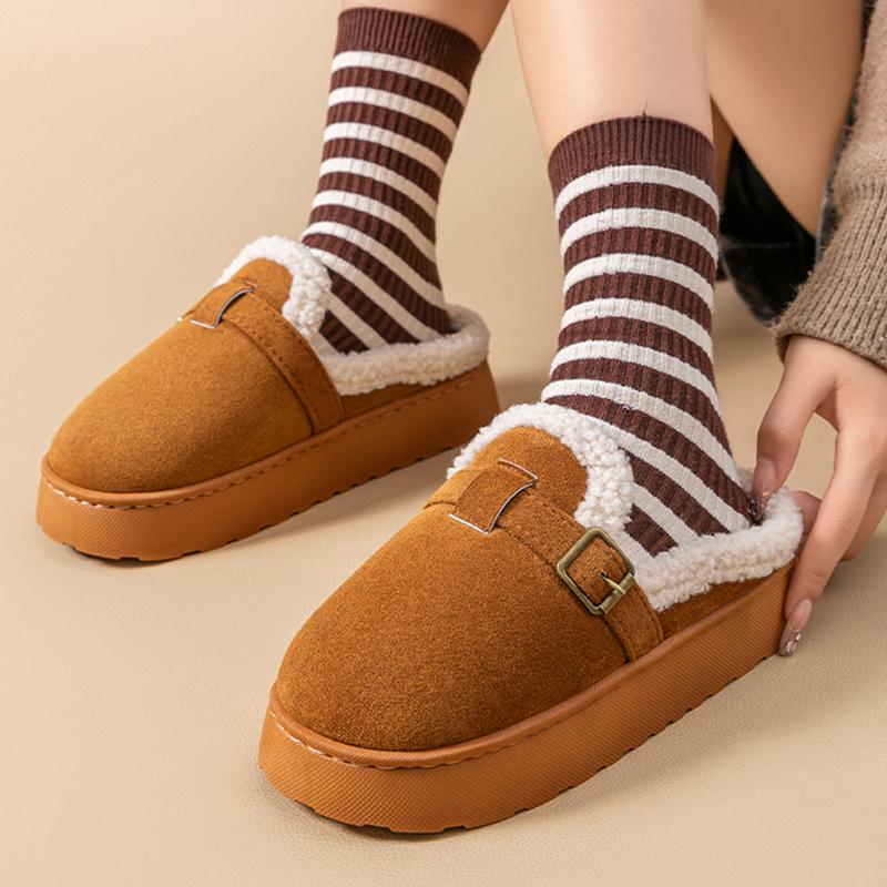 Fashion Outdoor Faux Suede Plush Slippers for Women 2025 Winter Warm Platform Boken Slippers Woman Thick Sole Non Slip Home Slides