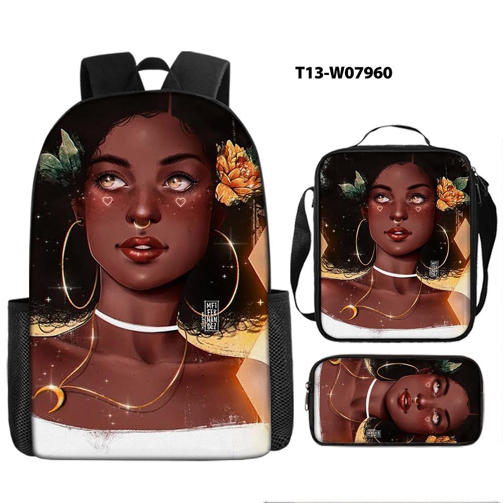 African Girl Schoolbag Three-piece Set, Primary School Students Backpack, Computer Bag, Large Capacity