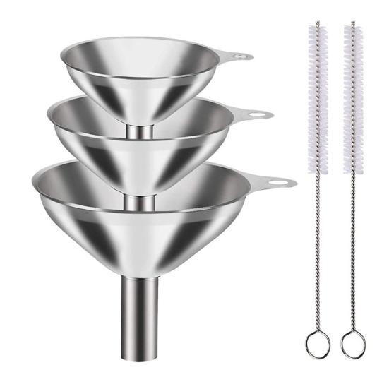 3 Sizes Stainless Steel Kitchen Funnels Set with Ergonomic Handle Clamp Ring Dishwasher