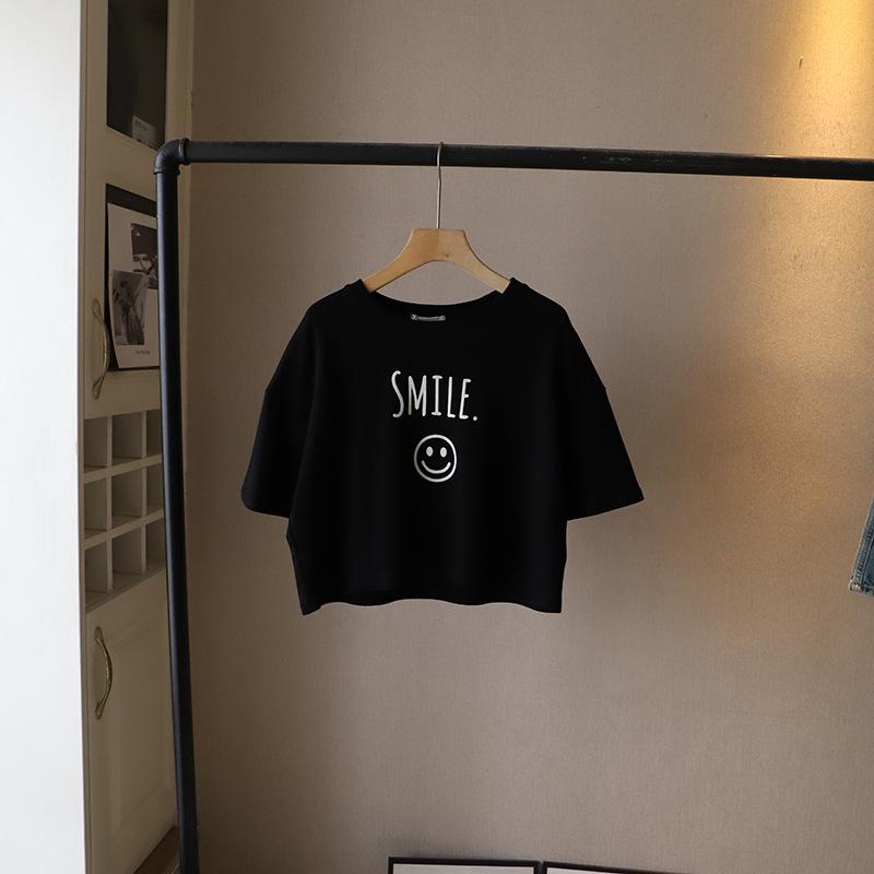 

Women s 2025 Summer Korean Style Loose Fit Smiley Face T-Shirt One Size чёрный