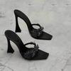 2025 Spring new square head square head cross rhinestone high heels black satin fine heel sandals sexy women's shoes
