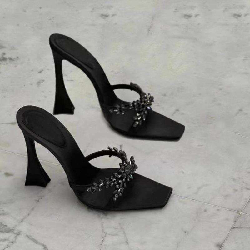 2025 Spring New Square Head Square Head Cross Rhinestone High Heels Black Satin Fine Heel Sandals Sexy Women's Shoes