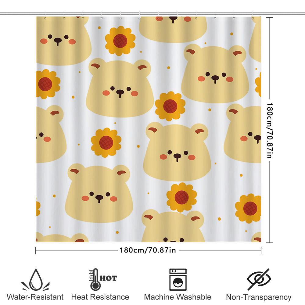 Adorable Yellow Bear Sunflower Shower Curtain For Bathroom Decor Creative Home Decoration Waterproof Fabric Backdrop