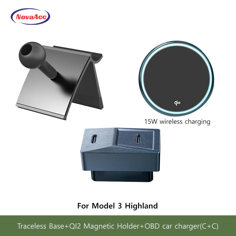 Auto Magnetischer Kabelloser Lade-Handyhalter Für Tesla Model Y Juniper Model 3 Highland 2021-2025 Transparente Basis OBD-Ladegerät