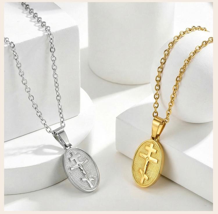 Russian Orthodox Cross Necklace Gold Plated Stainless Steel Oval Religious Medallion for Men Women Faith Gift