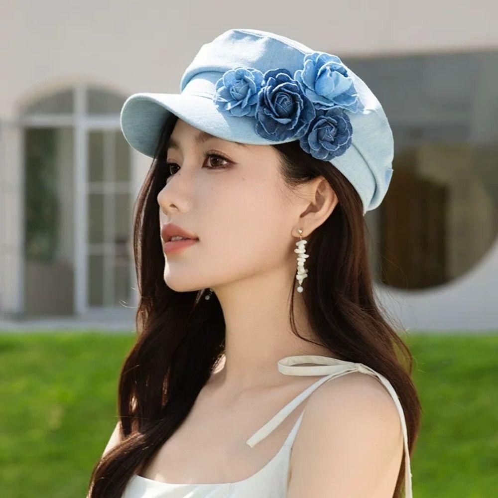 Adjustable Denim Camellia Beret Hat Artistic Painter Caps Vintage Flower Flat Top Hat  Lady
