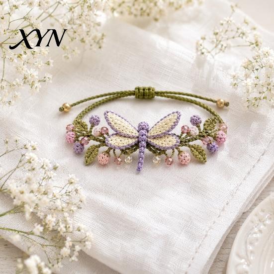 Artistic Bracelet DIY Nature-Inspired Crochet Kit, 3D Animals Plants Hand-Crocheted Handmade Kit Flower Maple Dragonfly Butterfly Jewelry Making Set,