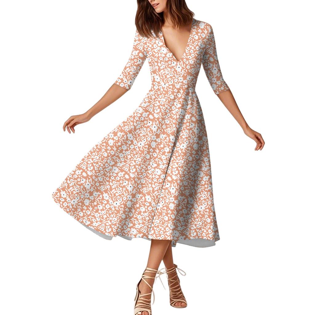 Módní šaty střední délky s rukávy do půli paže, květinovým potiskem a sexy výstřihem do V