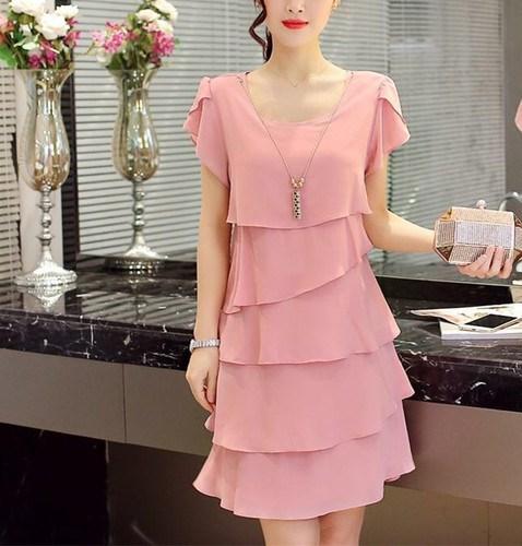 Kleid Damen Sommer Wellenschnitt Rüsche Süß Einfarbig Kurzarm Schlanke Kleider Dame Lässig All-Match Vestido Rundhalsausschnitt Chiffon
