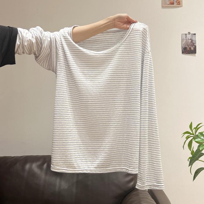 Striped temperament lazy breathable thin striped slanted shoulder T-shirt women s versatile long-sleeved top S