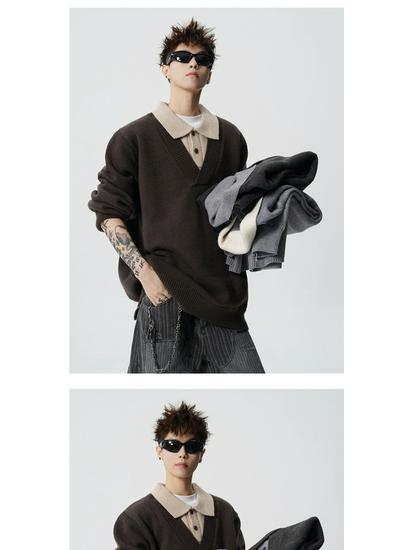 Vintage Style Men's Lapel Sweater: Patchwork Knitwear Pullover for Spring/Autumn