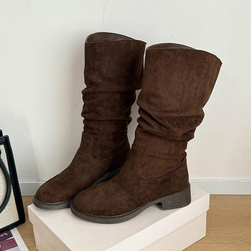

2025 новые британские замшевые ботинки-казаки на толстом каблуке с круглым носком, модные рыцарские ботинки, тонкие ботинки женские, внешняя торговля 40 темно-коричневого
