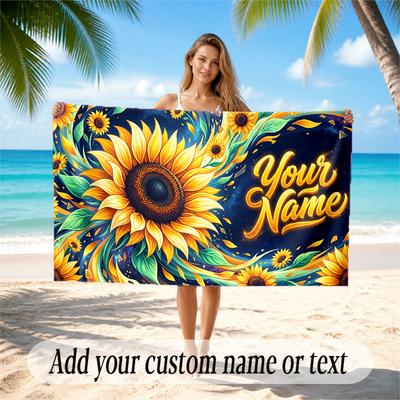 Floral Garden Theme Quick Dry Beach Towel Custom Name Text Print Large Sand Resistant Towel Beach Vacation