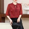 2026 Summer Mid-Sleeve Embroidered Silk Satin Top for Middle-Aged Women - Chinese Style Mom's Five-Point Sleeve Shirt