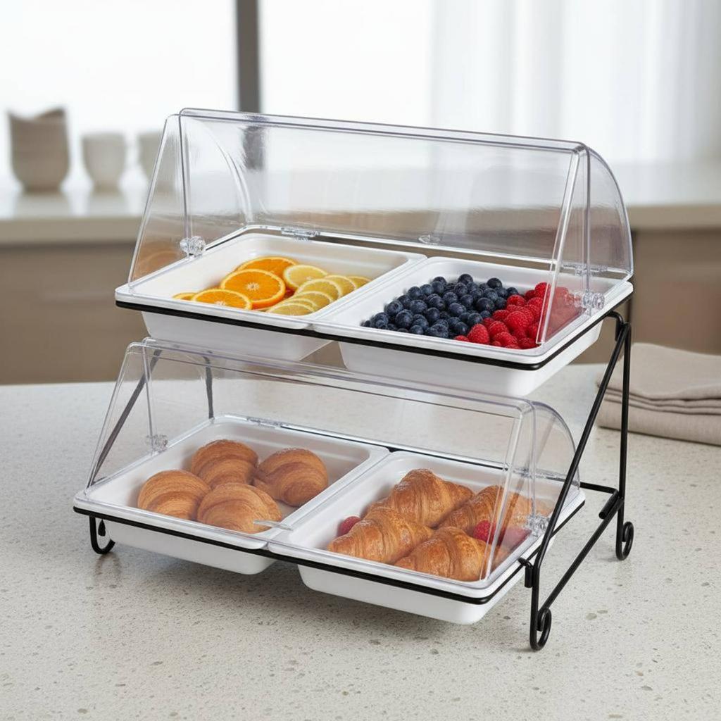 Lidded Food Serving Station Transparent Lids 2-Tier Buffet Serving Stand Rectangular Food Display Stand Particles-Resistant Lids