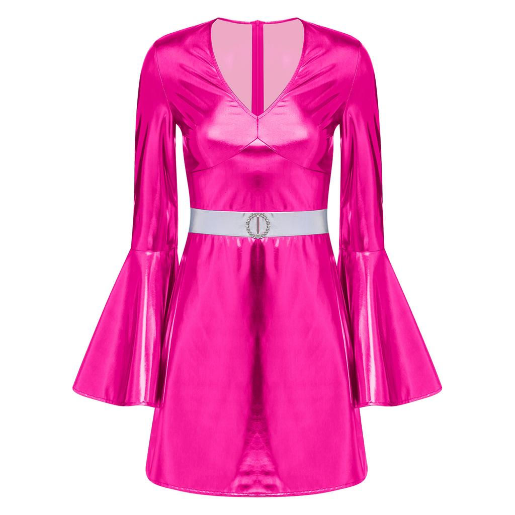 Womens 70s Disco Costume V Neck Flared Sleeve Crystal Decor Metallic Shiny Bodycon Dress