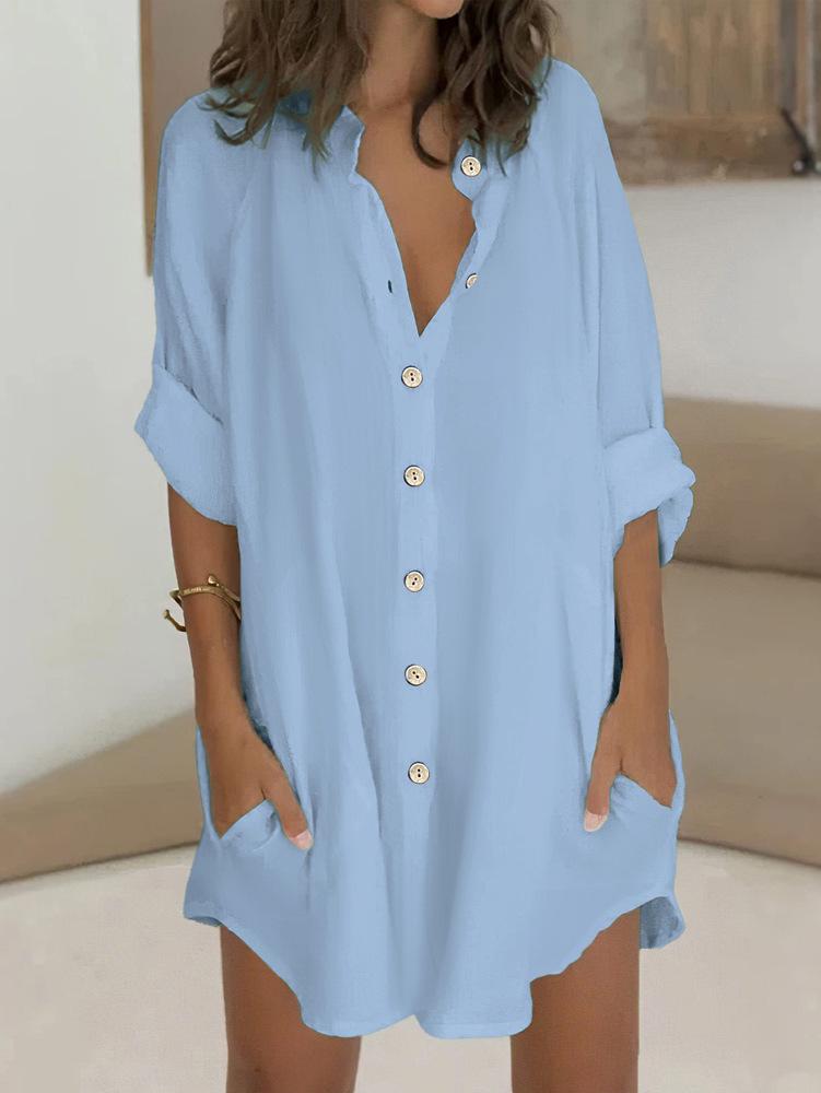 Cotton & Linen Row Button Plus Size Women's Mid-Length Short-Sleeve Loose Shirt