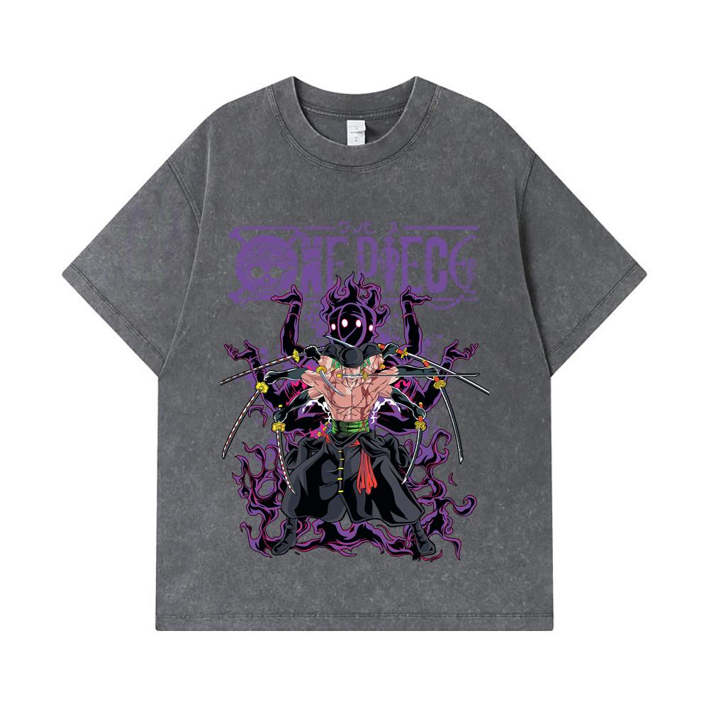 275 GSM Washed T-shirts 100% Cotton One Piece V65 Zoro Print Unisex Heavy Cotton T Shirt