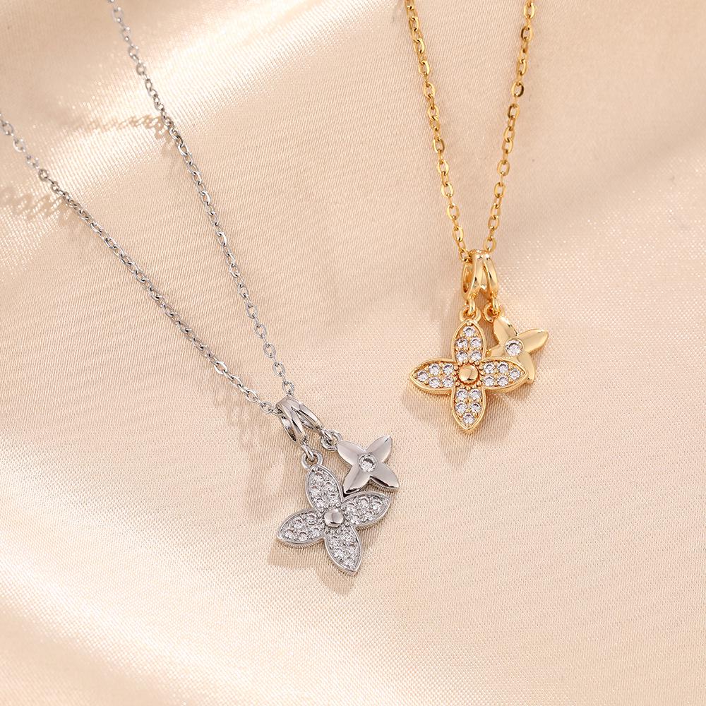 Damen Titanstahl Halskette, Mikro-pavé Diamanten, Doppel Kleeblatt-Design, Modischer High-End Schlüsselbeinketten-Schmuck