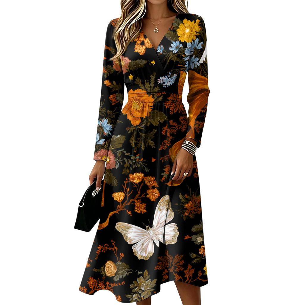 Women's Stylish Halloween Print Long Sleeve V-Neck Casual Dress with Pockets
