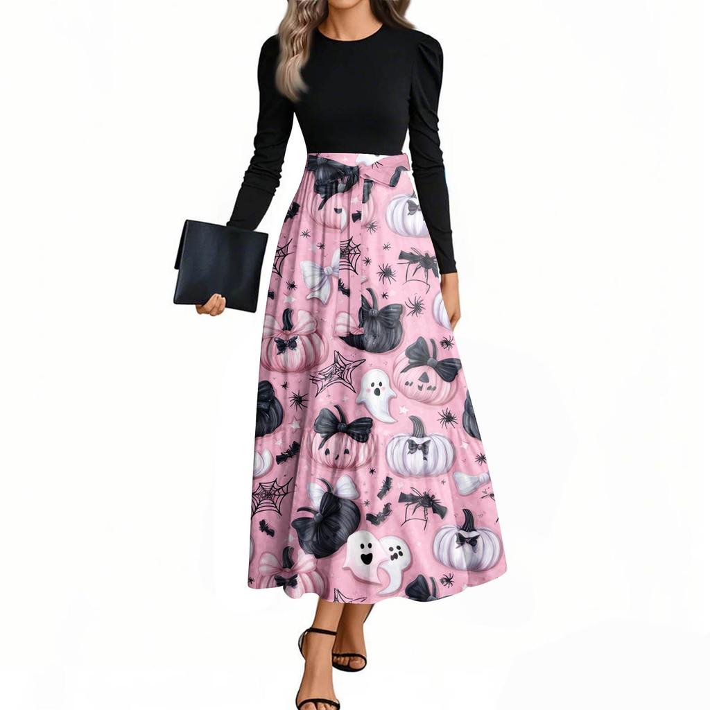 Women's Fashion Casual Belted Long Sleeve Round Neck Halloween Printed Elegant Temperament Dresses