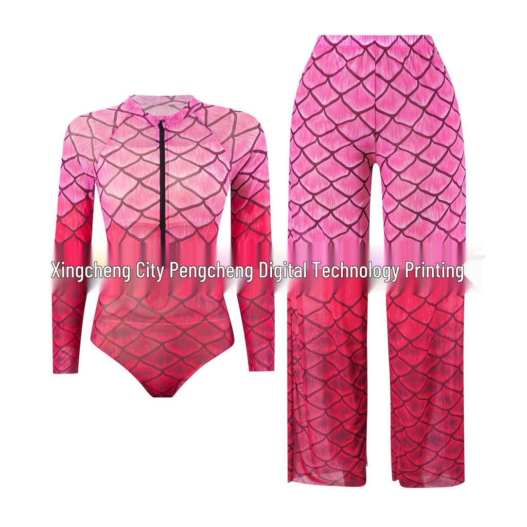 Fish Scale Zipper Mesh Long Sleeve One-Piece Swimsuit Set