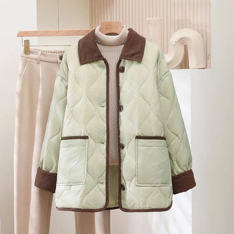 Autumn and Winter Cotton-padded Jacket Lapel Rhombic Contrast Color Loose and Thin Thick Warm Long-sleeved Cotton-padded Jacket Women's Clothing