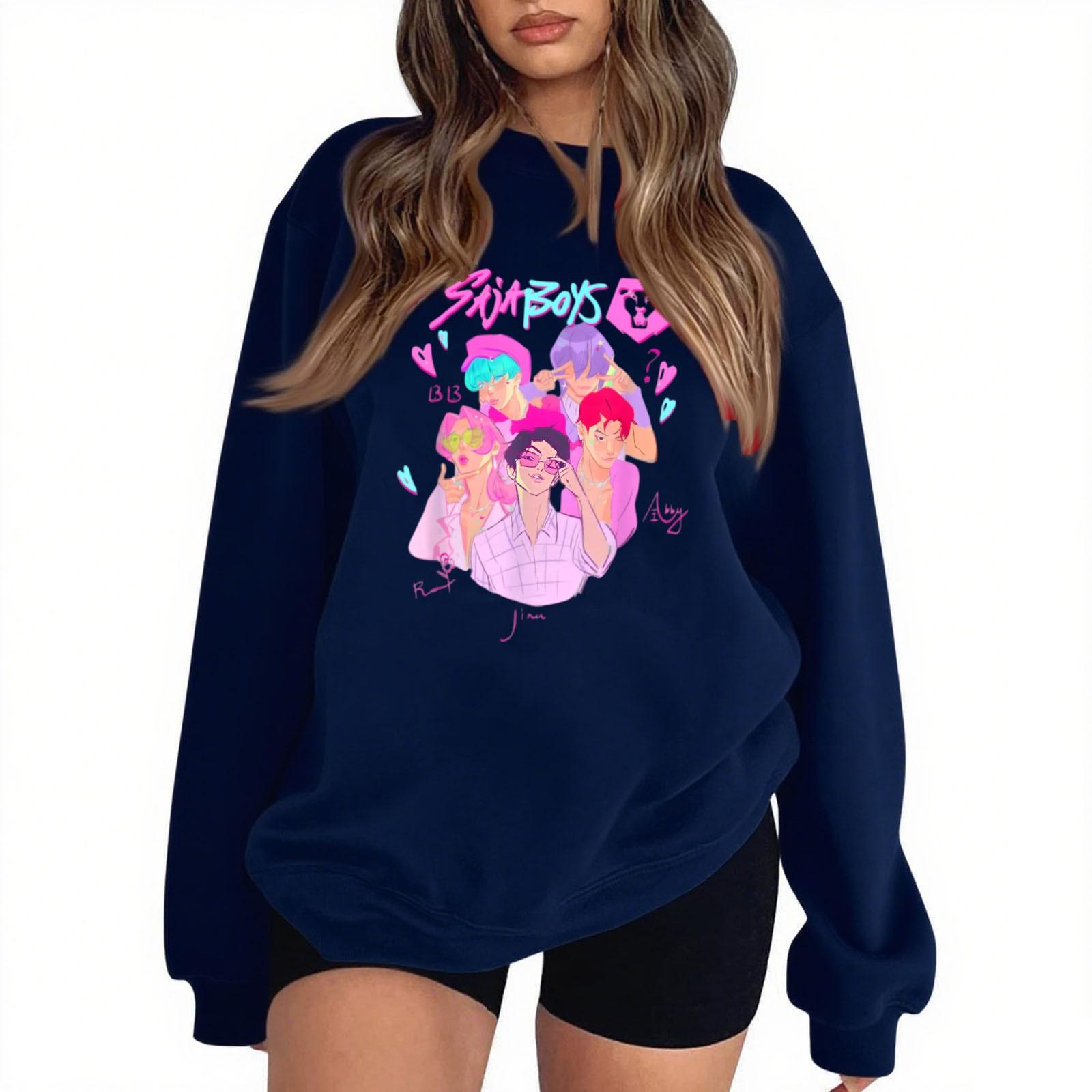 

Женская мода повседневный принт повседневный длинный рукав круглый вырез толстовка топ L тёмно-синий