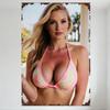 Vintage Tropical Resort Blonde Woman Tin Sign, Sunburned Chest & Shoulders, Pink Bikini with Pastel Swirls, Palm Trees, Clear Sk