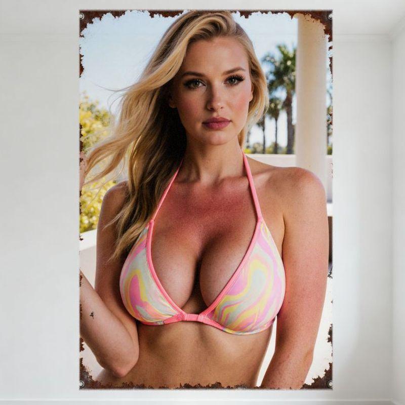 Vintage Tropical Resort Blonde Woman Tin Sign, Sunburned Chest & Shoulders, Pink Bikini with Pastel Swirls, Palm Trees, Clear Sk