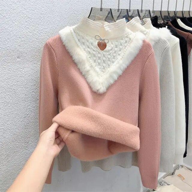 Thick Lace Sweater for Women's Autumn Winter New Half High Collar Bottoming Shirt Integrated Velvet Long Sleeve Knitted Top