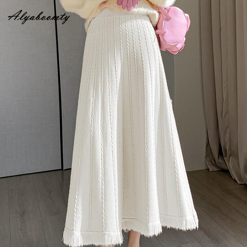 Koreanische Mode Herbst Winter Frauen Midi Rock Hohe Taille Grau Schwarz Aprikose Kaffee Dicke Warme Rock Elegante Quaste Feminine Röcke für frauen