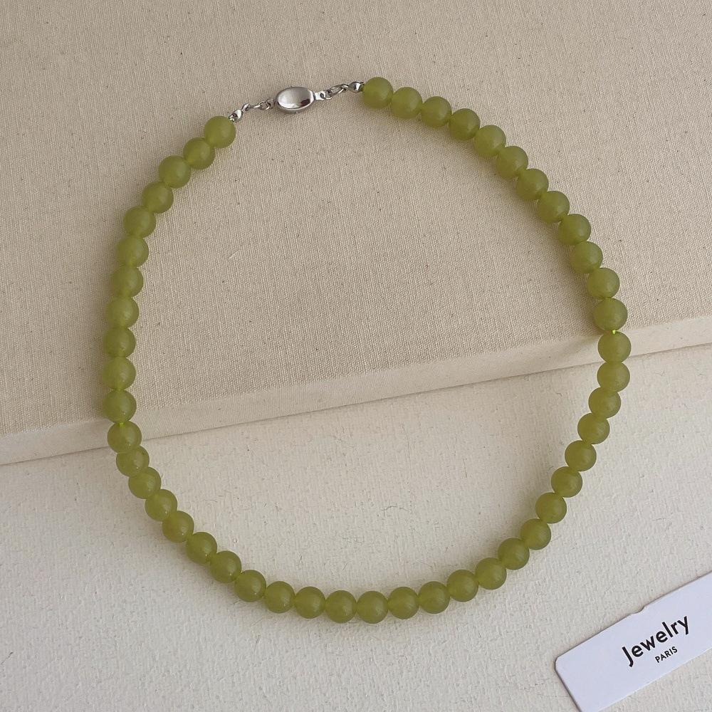 Vintage Natural Green Stone Beaded Necklace Women Silver Plated Gold Coin Buckle Choker 8mm 10mm