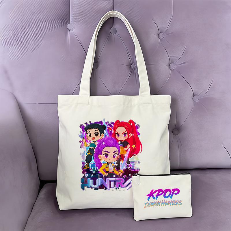 2pcs KPop Demon Hunter Handbag Coin Purse Girl Bag Shopping Canvas Shopper Tote Wallet Shoulder Lady Bags Women Gift Kid Friendly Entertaining Fun