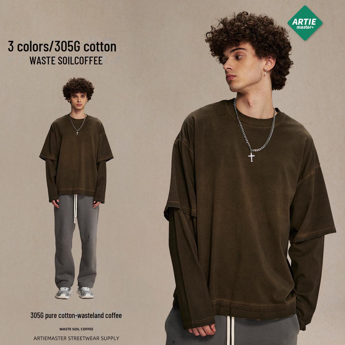 

ARTIE Unisex 2024 Fall Stylish Distressed Long-Sleeve Fake Two-Piece T-Shirt S