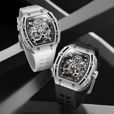 Mark Fairwhale Automatik Mechanische Skelett-Armbanduhr für Herren 43mm Stahlgehäuse Gummiarmband Wasserdicht Leuchtend