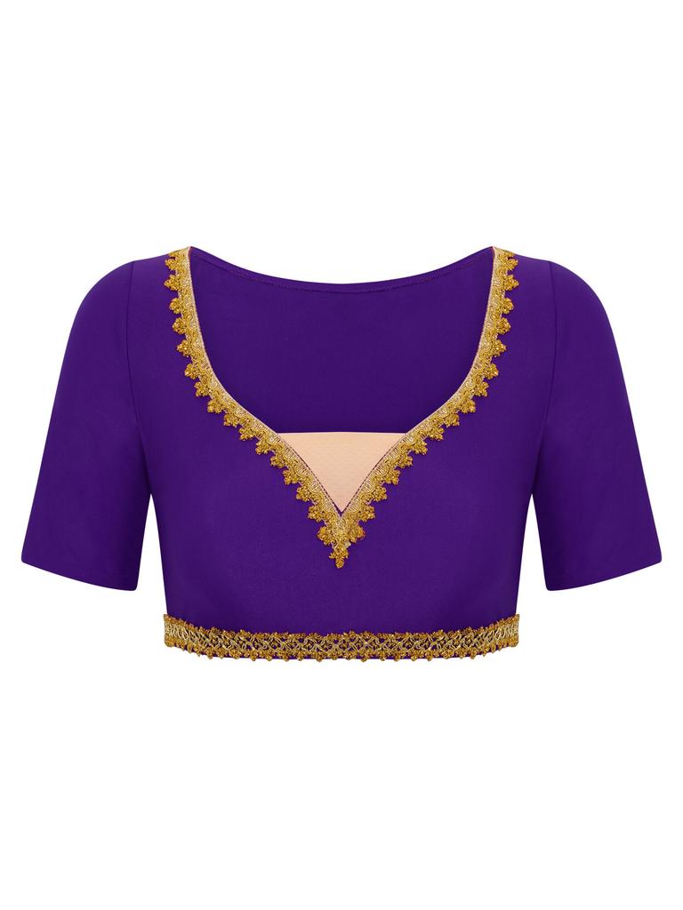 S-XXL Womens Belly Dance Outfit V Neck Short Sleeve Gold Trim Crop Top and Sequin Tassel Long Pants 2-piece Set for India Dance Folk Dance