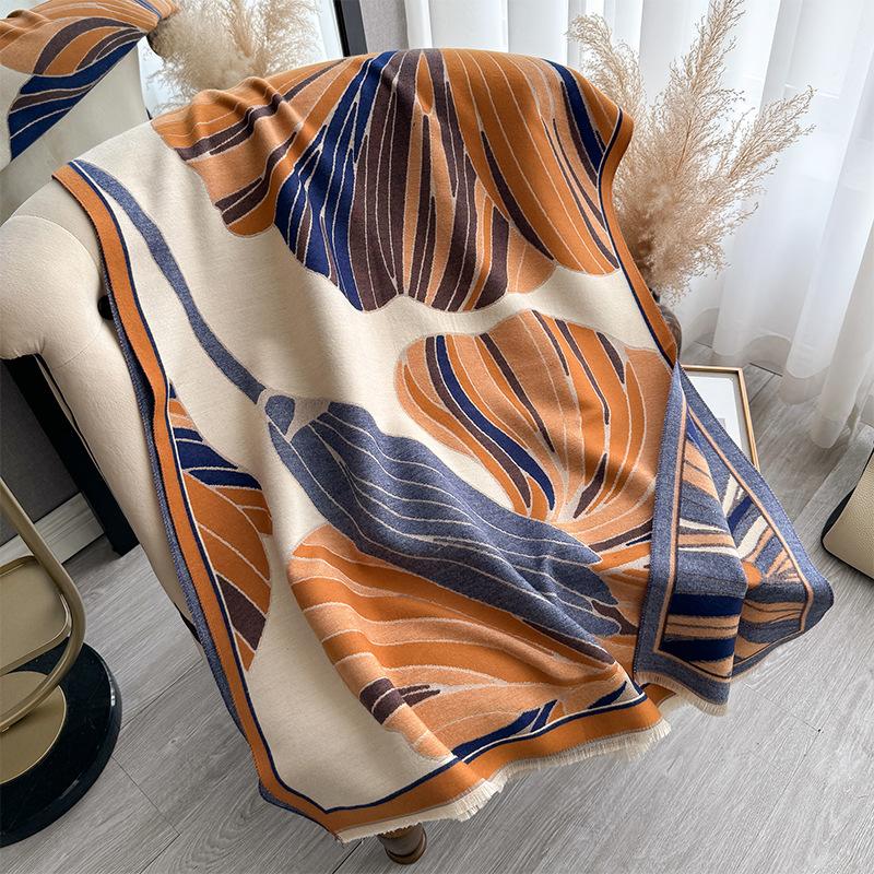 Imitation Cashmere Thermal Scarf Abstract Flower Contrasting Color Double-sided High-end Shawl Women
