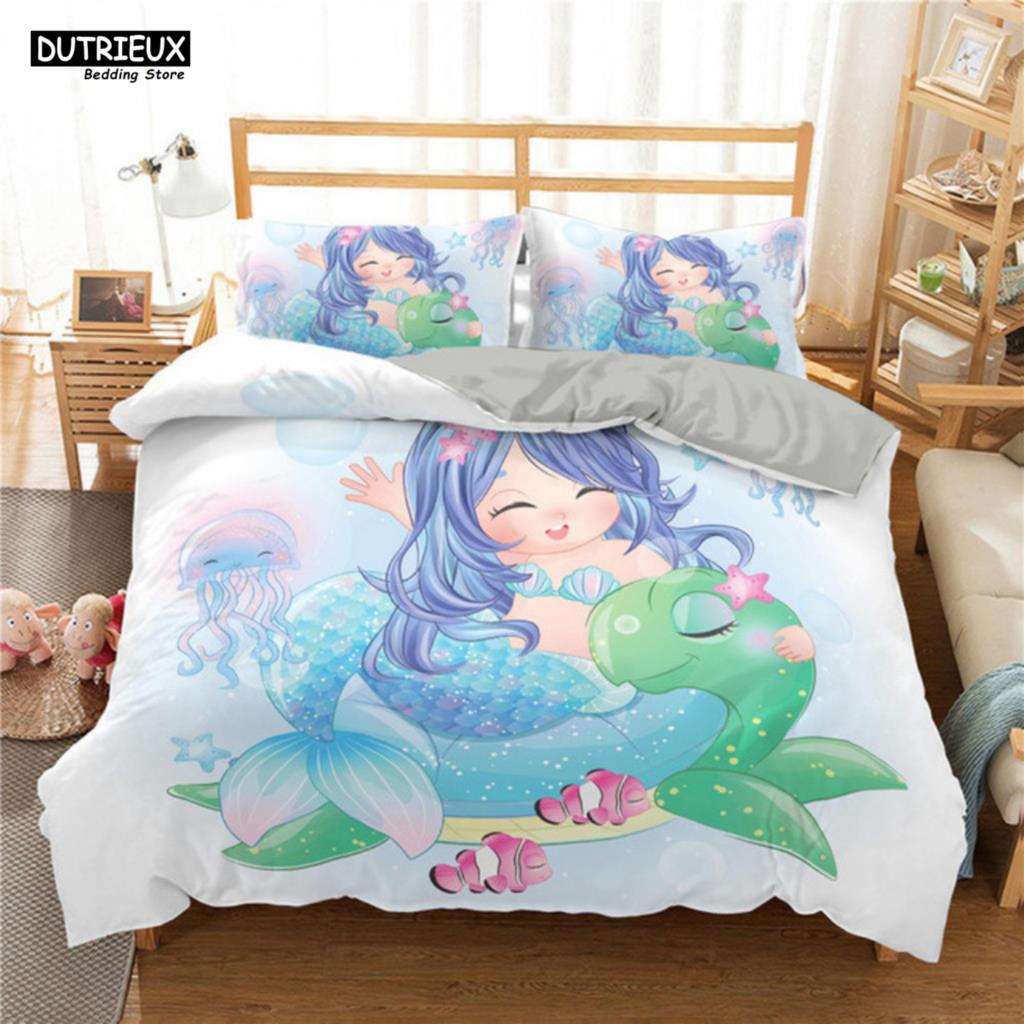 Cartoon Blue Mermaid Duvet Cover Beautiful Girl With Unicorn Bed Cover Single Double Queen King Twin Size Bedding Set For Kids