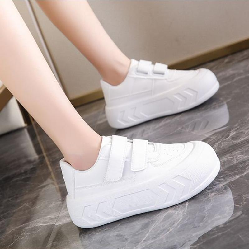 Leisure Sneakers for Women PU Hook & Loop Flat Platform High Heels Round Toe Women Shoes Solid Leather Vulcanize Shoes Plus Size