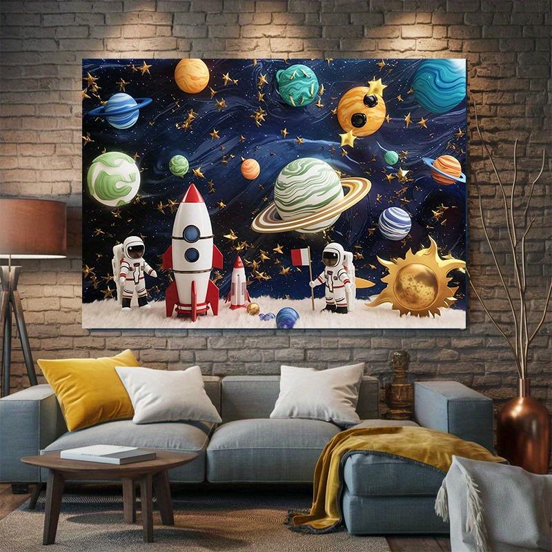 A family party backdrop themed around space - colorful polyester fabric decorations
