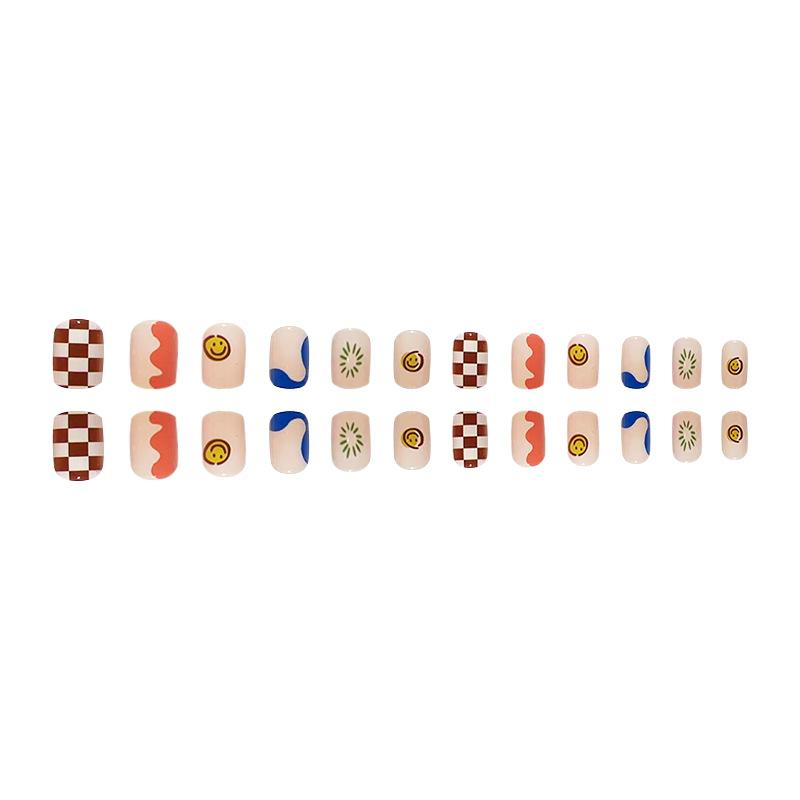 24pcs Press On Nails Fashion Plaid Cartoon Smiling Face Style Pink Transparent Short Nail Art Pieces