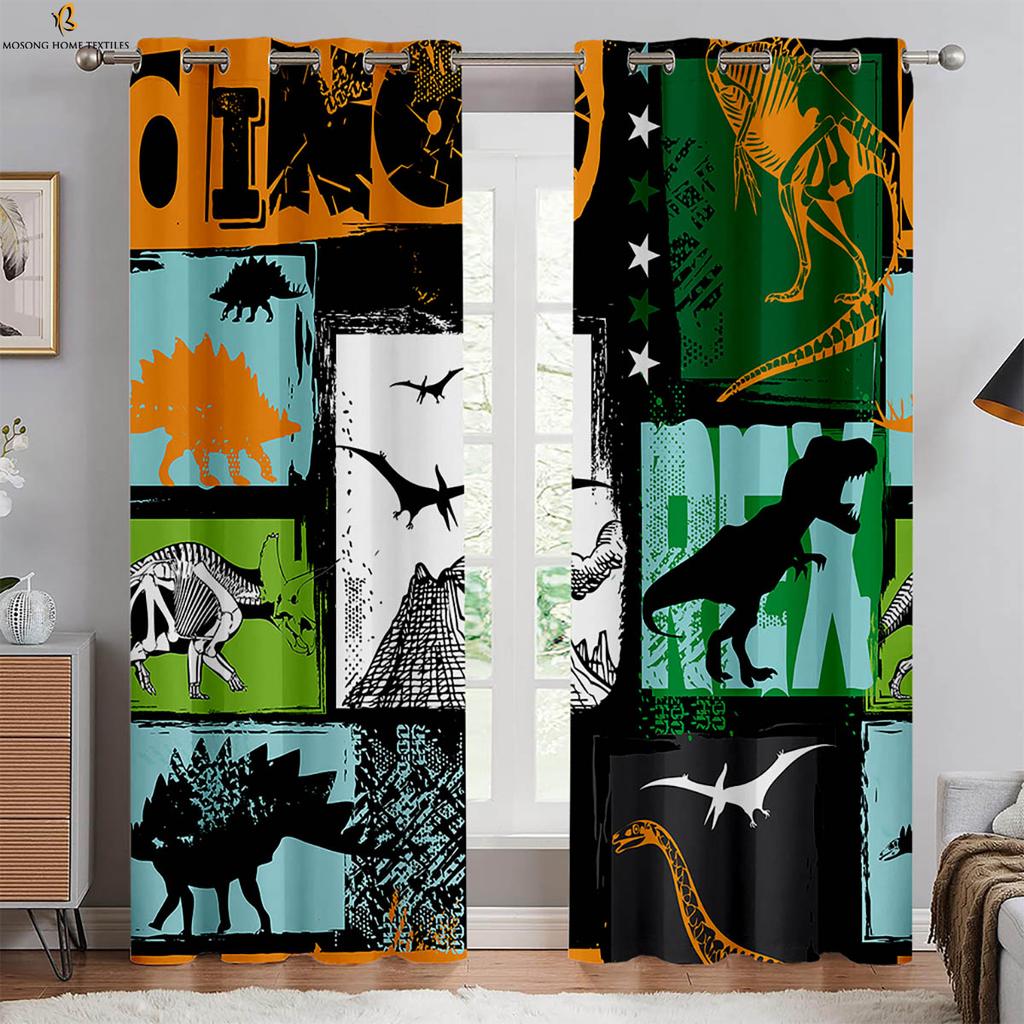Set Of 2 Funny Cartoon Dinosaur Print Curtains Bedroom Living Room Kitchen Children Decorative Can Be Made Polyester Window Treatment
