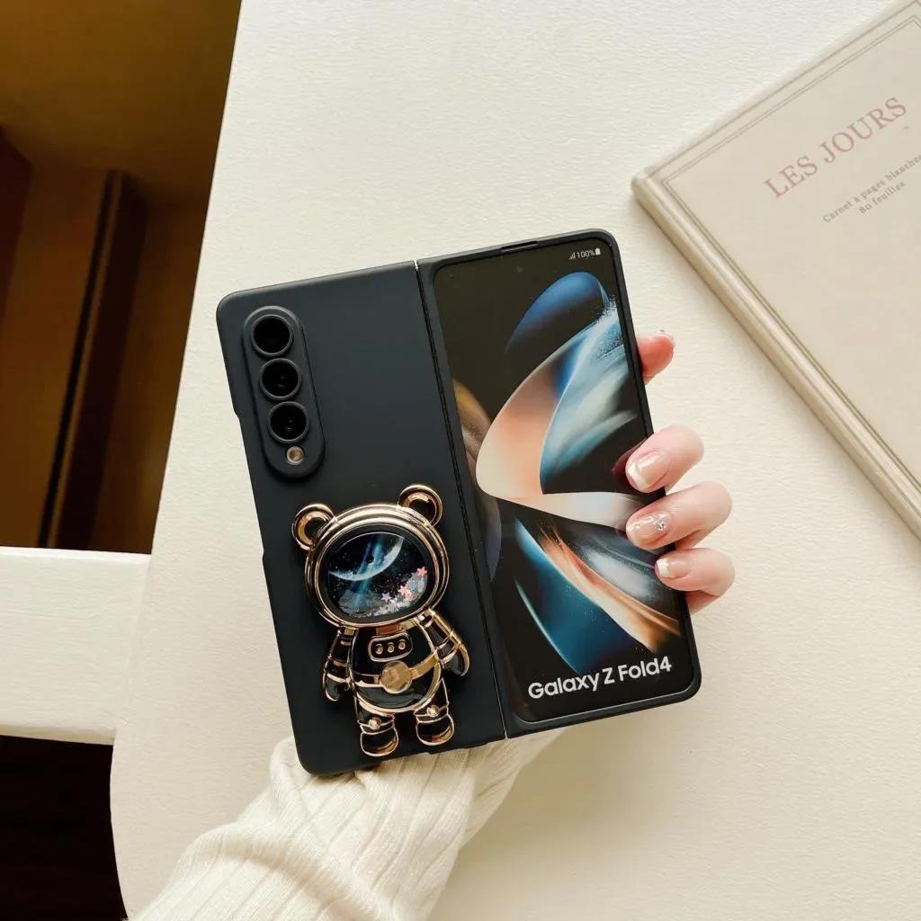 Fashion Cute Quicksand Space Astronaut Bracket Stand Holder Case For Samsung Galaxy Z Fold 7 6 5 4 3 2 5G PC Matte Phone Cover