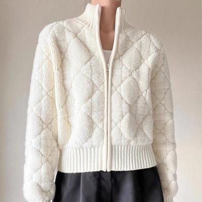 Autumn Winter Diamond Plaid Cardigan Women's Lapel Gentle Casual Knitted Top Comfortable Versatile Outerwear