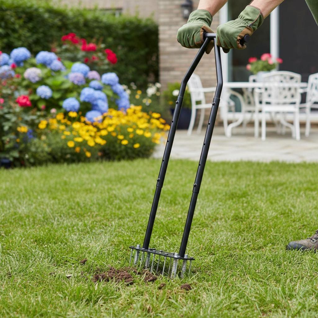 Manual Lawn Aerator SelfCleaning Prong Height Adjustable Corer Tool for