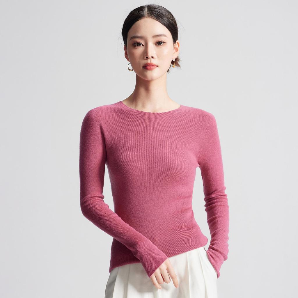 Machine Washable Women's Seamless 100% Pure Wool Round Neck Knit Sweater, 60 Count, 18 Gauge, Autumn Base Layer