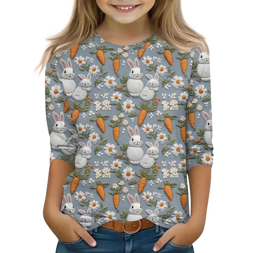 Print Tops For Youth Girls Round Neck 3/4 Sleeves T-Shirts Trendy Tops Outfit Tees