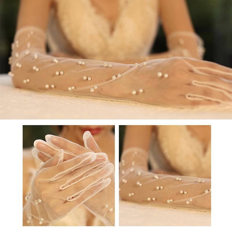 Long Tulle Gloves with Pearls Decoration Sheer Wedding Bridal Gloves Elbow Length for Costume Party Opera Prom